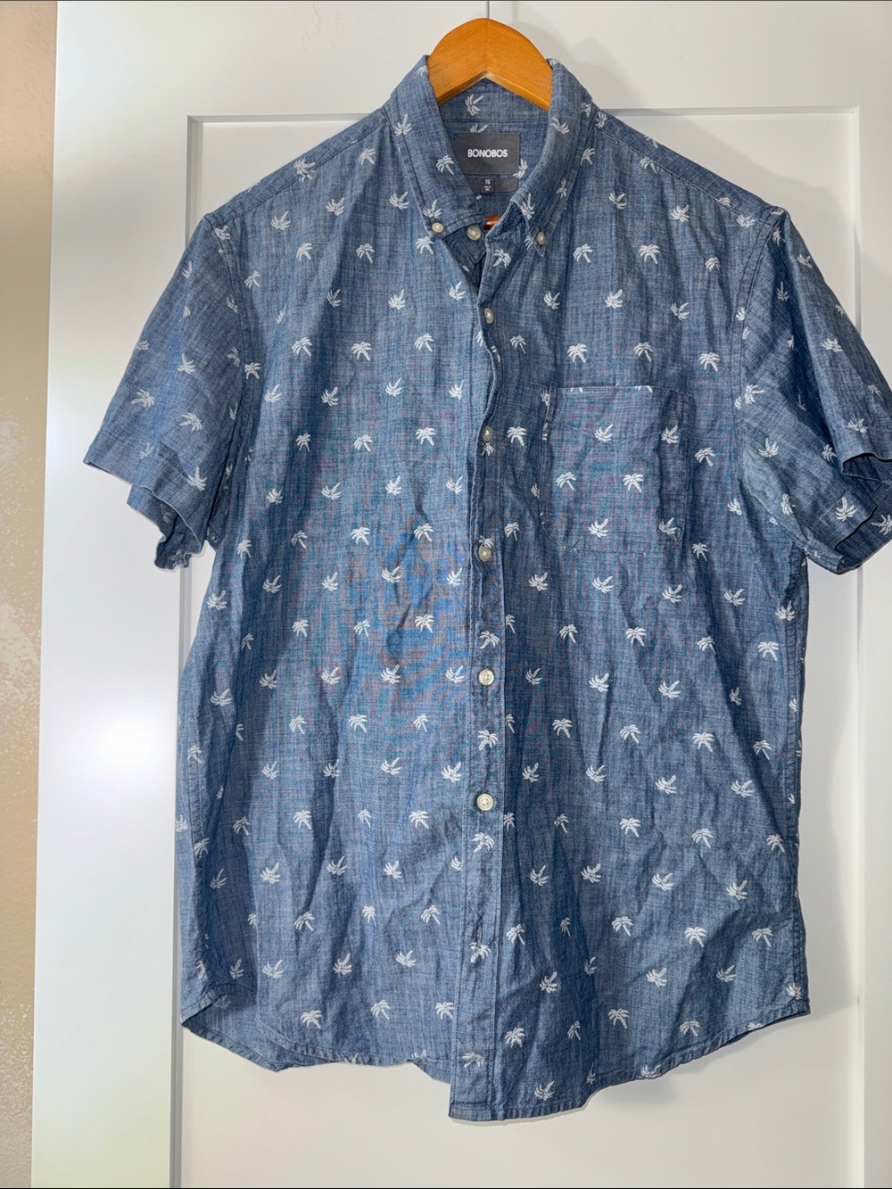 Bonobos Blue Short-Sleeve cotton Palm-Print Button-Down Shirt Sz XL slim fit